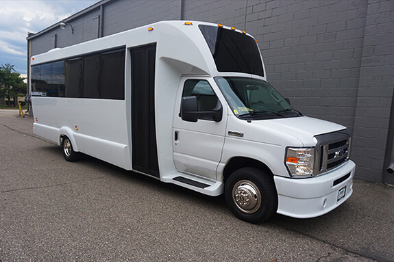 28 passenger white bus exterior