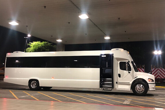 43 passenger white bus exterior